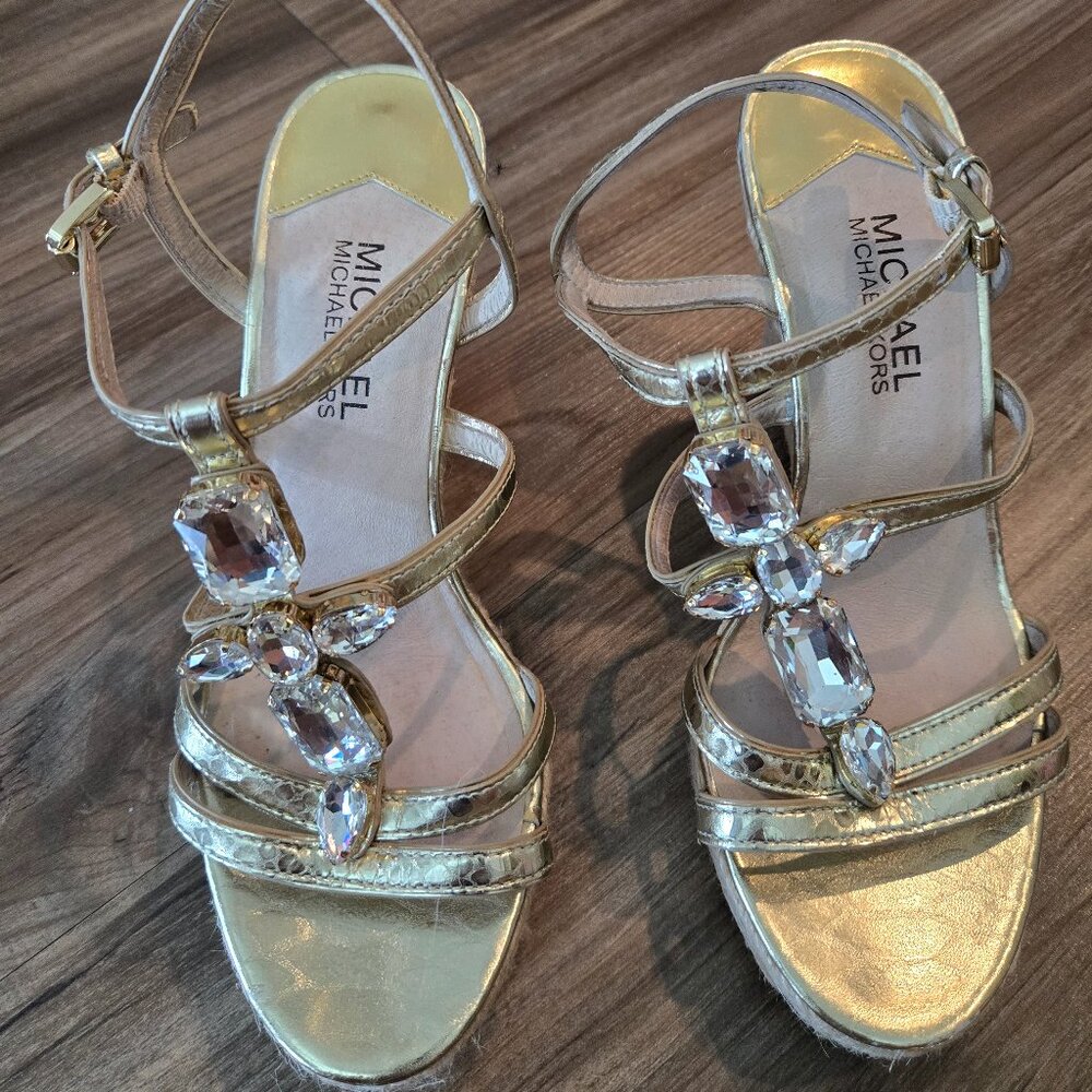Michael Kors Gold Rhinestone Jayden Espadrille Wedge Strappy Sandal Heel Size 7